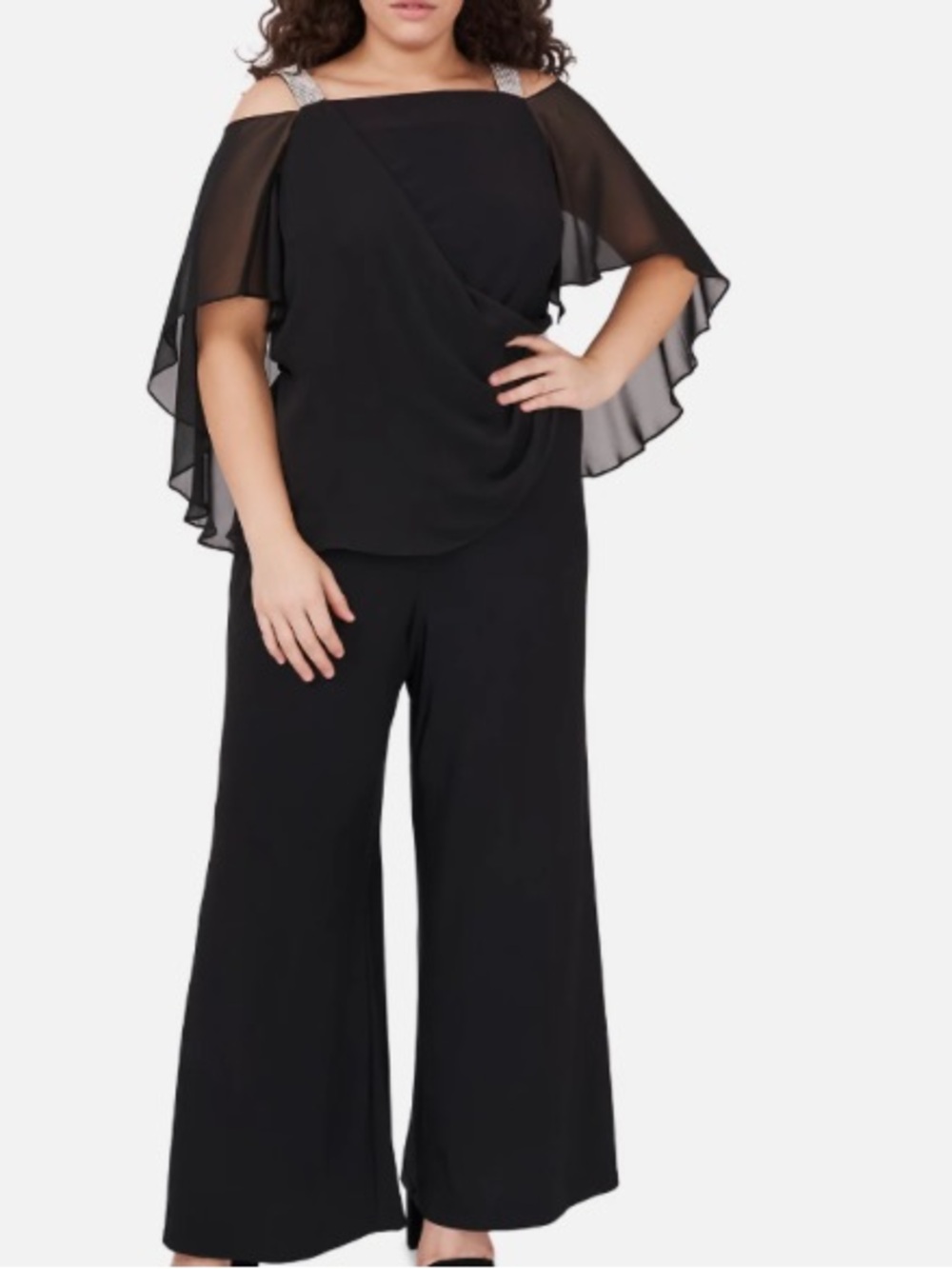 MSK Black Off-Shoulder Wide-Leg Jumpsuit with Sheer Cape cold shoulder